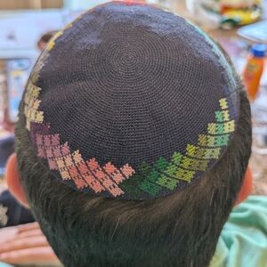 Colorful Geometric Artisan Knitted Kippah. Jewish. Made In Israel.